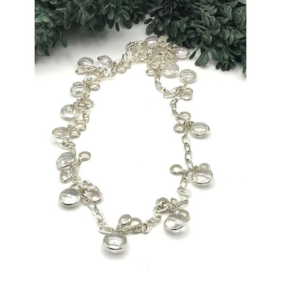 Vintage Style Long Silver Tone Beaded Chain Necklace With Clear Resin Accents - Picture 1 of 2